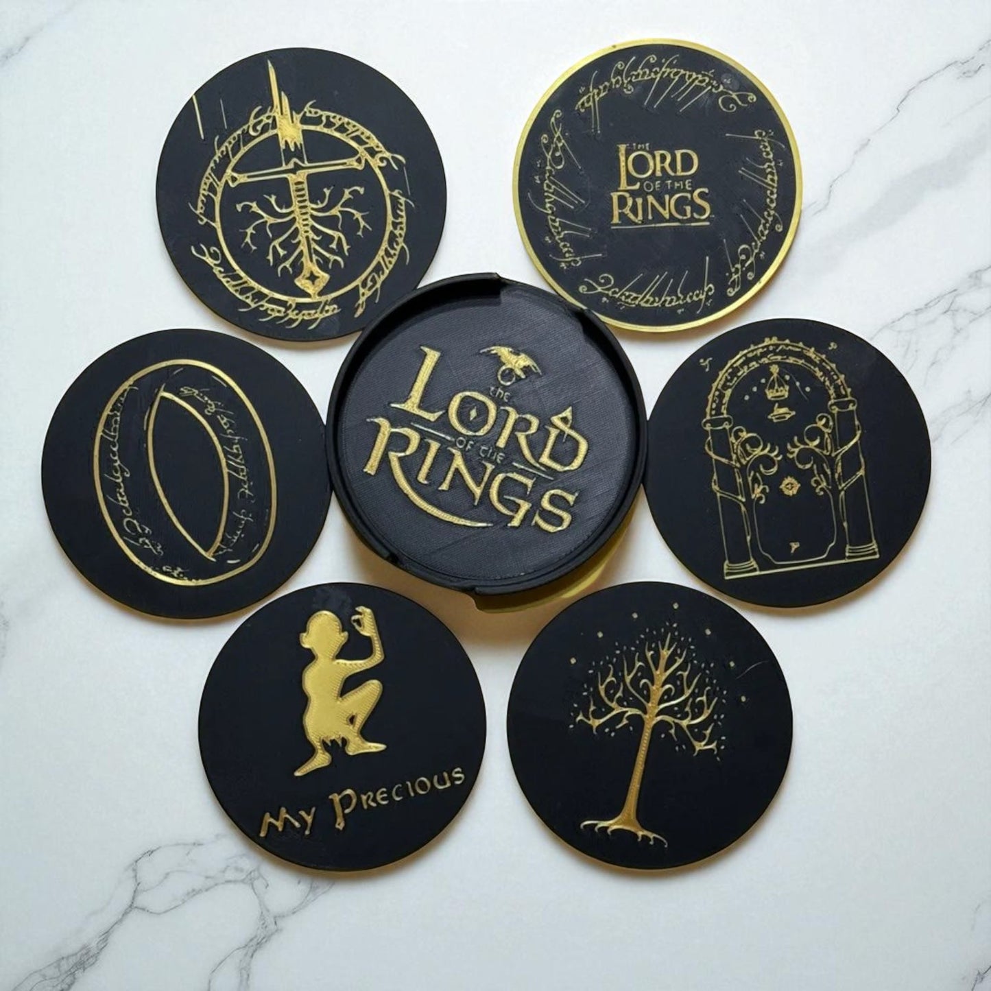 Lord of the Rings Coasters β 3D Printed Middle-Earth Inspired Drink Mats set of 6 with holder
