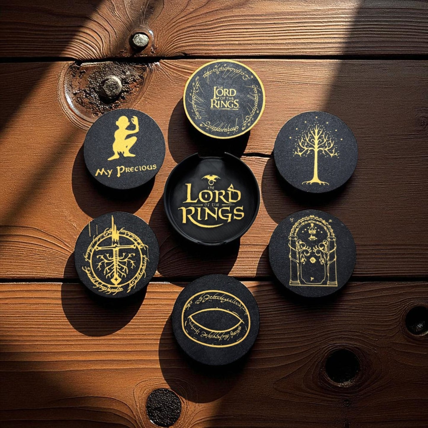 Lord of the Rings Coasters β 3D Printed Middle-Earth Inspired Drink Mats set of 6 with holder