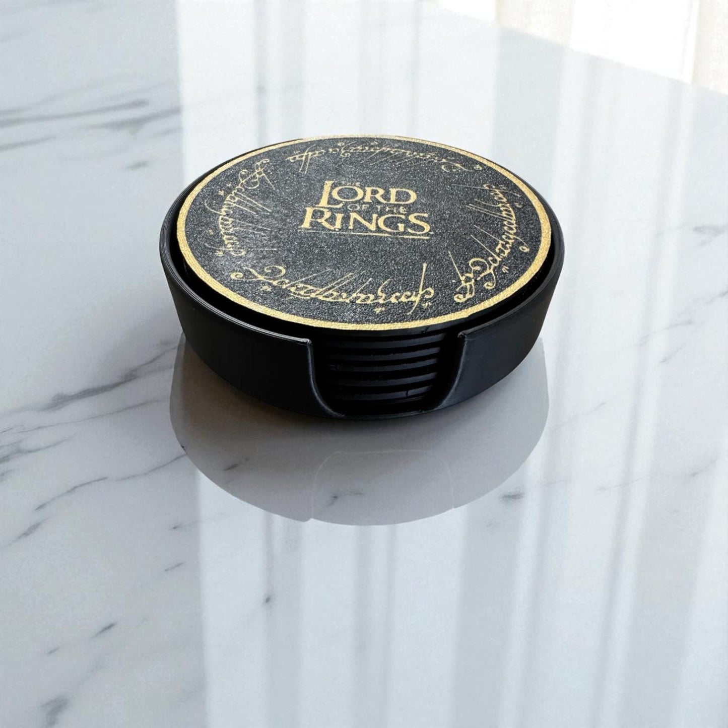 Lord of the Rings Coasters β 3D Printed Middle-Earth Inspired Drink Mats set of 6 with holder