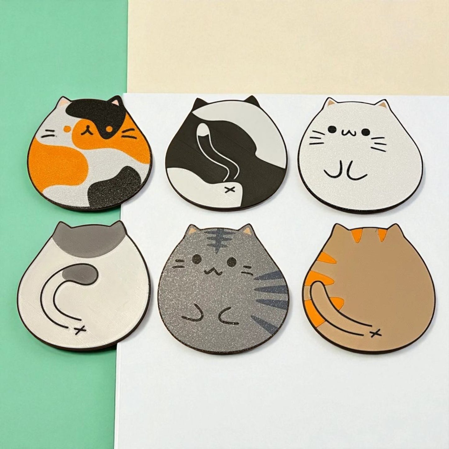 Cat Coasters – 3D Printed Cute Kitty Drink Coasters for Home & Office set of 6 with holder