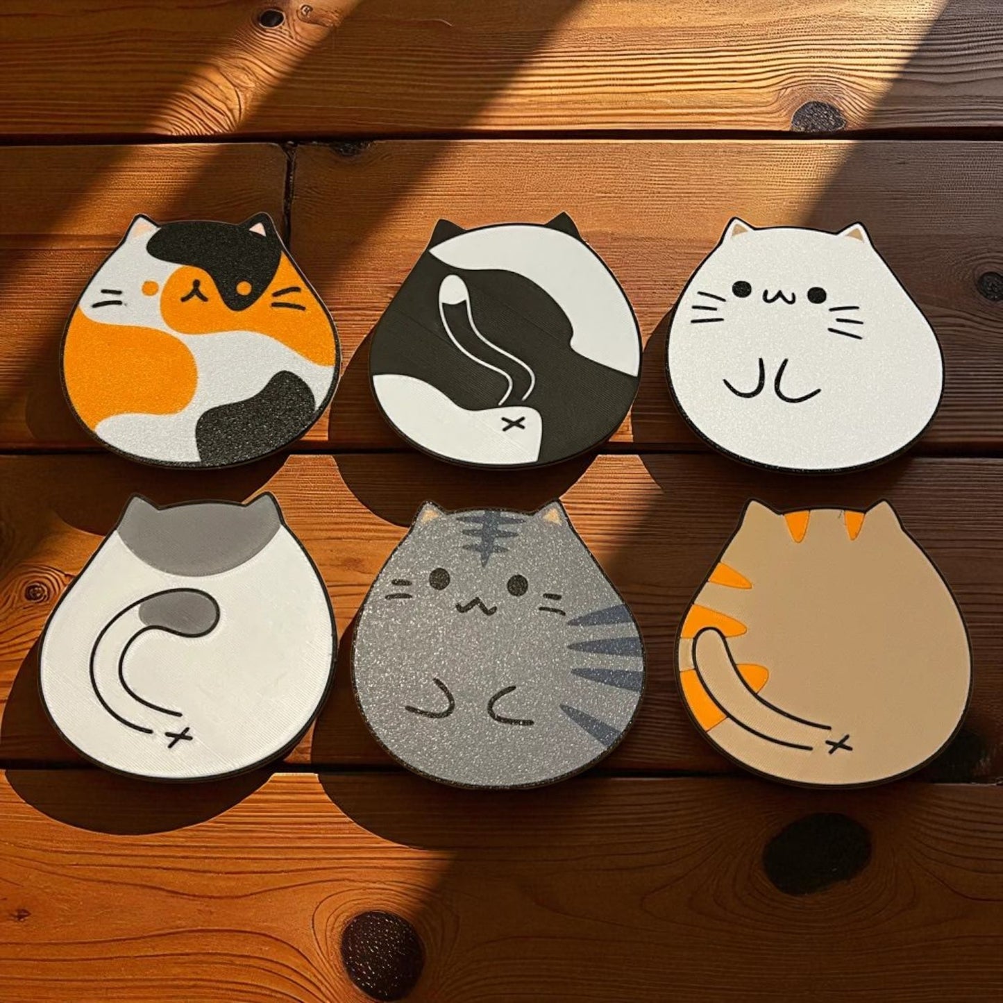 Cat Coasters – 3D Printed Cute Kitty Drink Coasters for Home & Office set of 6 with holder