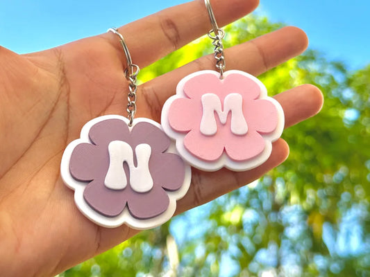 Flower Initial Keychains – 3D Printed Personalized Floral Monogram Keyring Gift