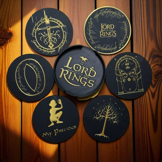 Lord of the Rings Coasters – 3D Printed Middle-Earth Inspired Drink Mats set of 6 with holder